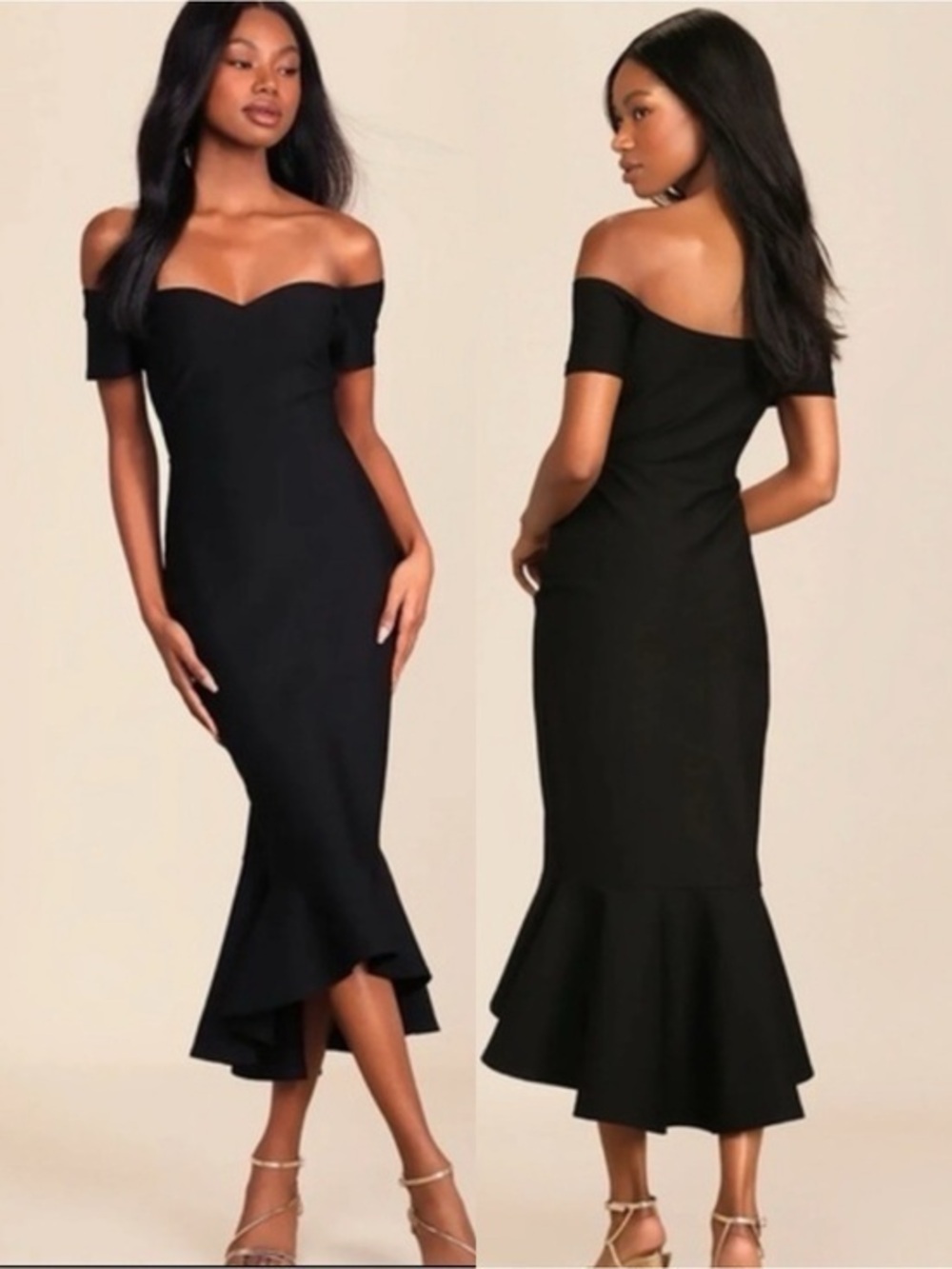 NWOT Lulu’s How Much I Care Black Off-the-Shoulder Midi Dress Medium Bodycon